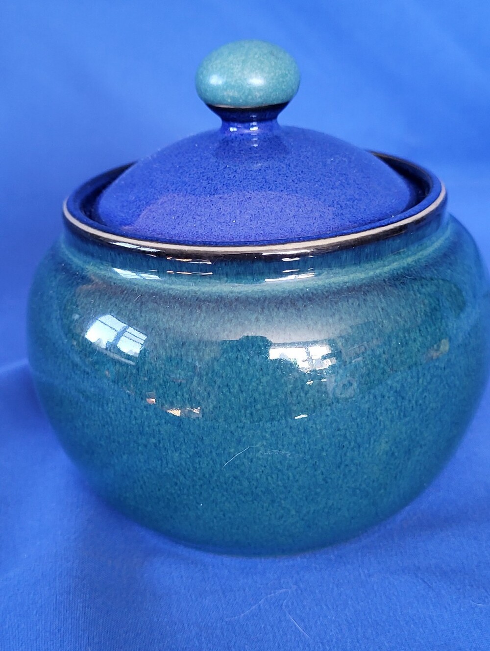Denby Metz Lidded Sugar Bowl Stoneware England  Green Blue